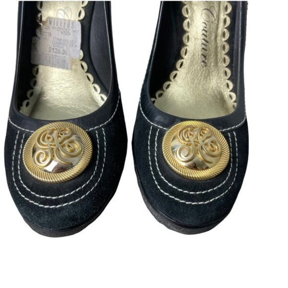 JUICY COUTURE Y2K Women's Black Suede High Platform Wedge Gold Logo 9M GUC - Picture 4 of 8